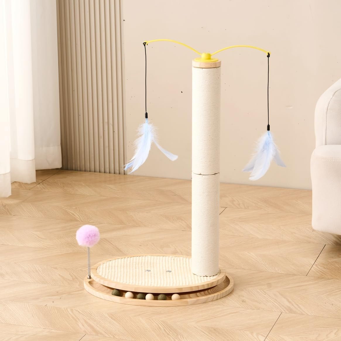 shengocase-cat-tree-scratching-post-scratcher-26-inch-tall-solid-wood-base-sisal-rope-interactive-ball-track-and-spinning-wand-feather-toys-scratch-pad