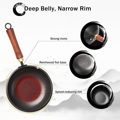 Carbon Steel Wok Pan Flat Bottom Iron Stir Fry Pan Induction Cookware 9.5 Inch Uncoated Small Traditional Skillet with Lid5