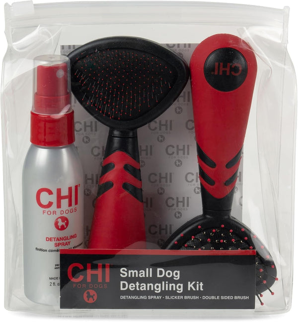 CHI for Dogs Small Dog Detangling Kit, 3-Piece Grooming Set with Detangling Spray, Slicker Brush, and Double-Sided Pin-And-Bristle Brush for Small Breeds with Tangles and Mats, Includes Zipper Pouch1