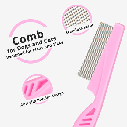 Flea Comb for Dogs and Cats - Lice Comb with Rubber Handle - Promotes Hair Growth and Removes Loose Hair, Knots, and Flakes Flea Brush for Pets(3P,Pink)3