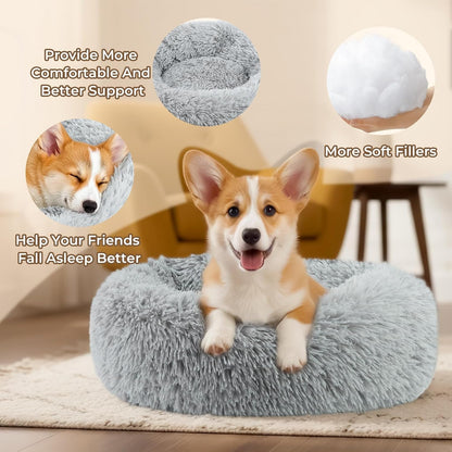 Calming Donut Dog and Cat Bed for Indoor Cats, Anti-Anxiety round Fluffy Soft Washable Small Pet Bed for Puppy and Kitten, Warming Comfortable Luxury Anti-Slip Waterproof Mute Base 20In Gray4