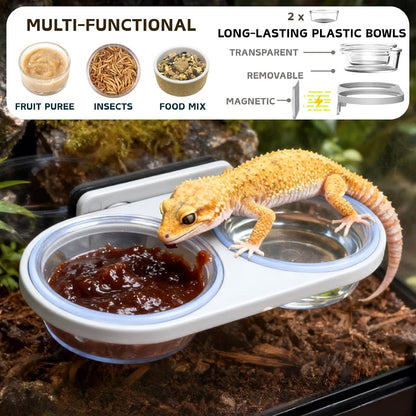 Magnetic Reptile Feeding Ledge with 2 Pack Plastic Bowls Food Feeder Water Dish for Crested Gecko Dwarf Hamster(Gray, Magnetic-Mounted)3