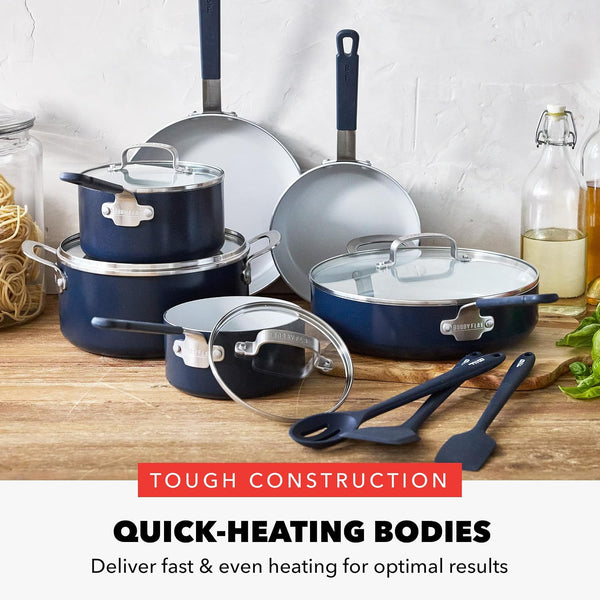 X Bobby Flay 13 Piece Nonstick Cookware Pots and Pans Set, Pfas-Free Diamond Ceramic, Induction Suitable, Easy Clean Dishwasher & Oven Safe, Stay-Cool Silicone Handles, Glass Lids, Navy Blue5