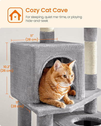 Feandrea Cat Tree, 59.5-Inch Tall Cat Tower, Plush Multi-Level Condo with 5 Scratching Posts, 2 Perches, 2 Caves, Hammock, 2 Pompoms, Light Gray UPCT192W016