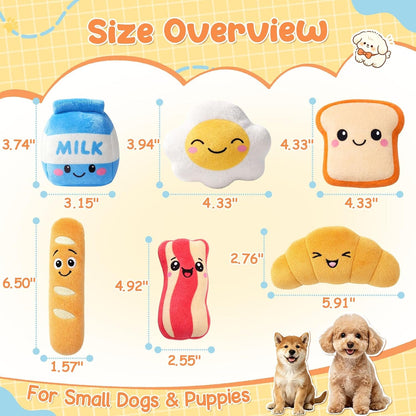 KIPRITII Dog Squeaky Toys for Small Dogs, Breakfast-Themed Puppy Toys to Keep Them Busy, Plush Toys with Squeaker for Interactive Play, Includes Storage Bag6