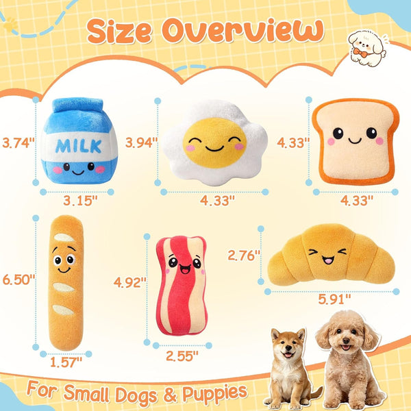 KIPRITII Dog Squeaky Toys for Small Dogs, Breakfast-Themed Puppy Toys to Keep Them Busy, Plush Toys with Squeaker for Interactive Play, Includes Storage Bag6