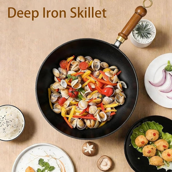 Japanese Cast Iron Wok with Wooden Lid & Spatula, 11 Inch Hand-Hammered Uncoated Iron Pot, Naturally Non-Stick Frying Pan, Heavy Duty Cookware for Induction, Gas & Electric Stoves (Glass Lid, 10.2In)7