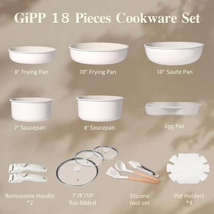 18PCS Pots and Pans Set Non Stick Kitchen Cookware Sets Pot and Pan | Non Toxic,Healthy RV Cookware, Dishwasher ＆Oven Safe,All Stoves Are Compatible White2