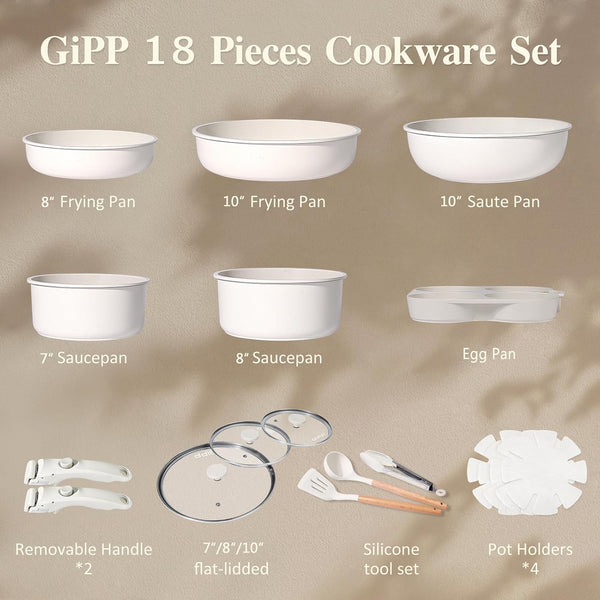 18PCS Pots and Pans Set Non Stick Kitchen Cookware Sets Pot and Pan | Non Toxic,Healthy RV Cookware, Dishwasher ＆Oven Safe,All Stoves Are Compatible White2
