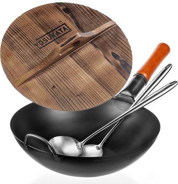 Carbon Steel Wok Pan – 13,5 “ Stir Fry Pans with Flat Bottom + Premium Wok Cover 13.5 Inch Pan Lid + 17’’ Spatula and Ladle1