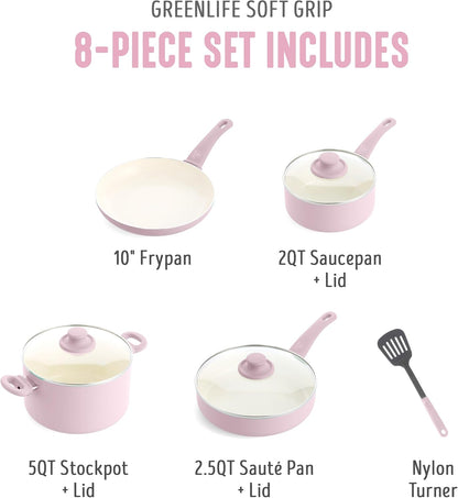 8 Piece Nonstick Cookware Set, Non-Toxic Pfas-Free Ceramic Pots & Pans, Dishwasher & Oven Safe, Frying, Sauce, Stock Pot, Glass Lids, Stay-Cool Handles, Wobble Free, Light Pink3