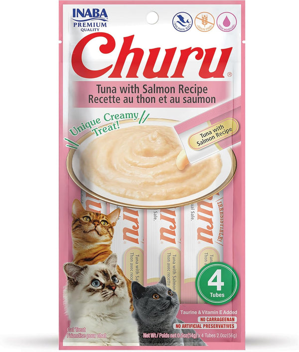 INABA Churu Cat Treats, Grain-Free, Lickable, Squeezable Creamy Purée Cat Treat/Topper with Vitamin E & Taurine, 0.5 Ounces Each Tube, 4 Tubes, Tuna with Salmon Recipe1