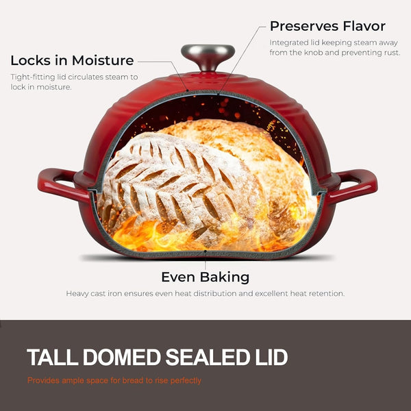 Enameled Cast Iron Dutch Oven, 6QT Bread Oven with Dome Lid Recipe | Tall Bread Pot with Potholders, for Sourdough Bread Baking Artisan Loaves, Crispy Crust & Better Oven Spring, 500°F Oven Safe4