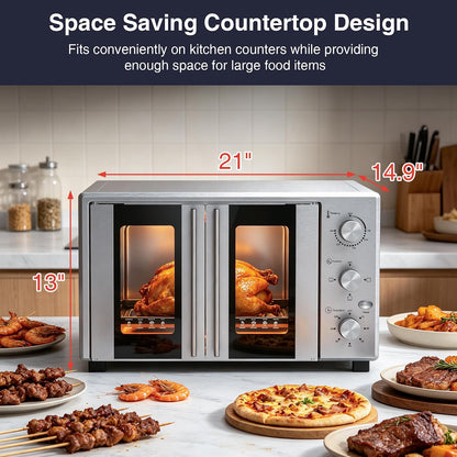 40.1QT XL French Door Countertop Oven, 1600W Extra Large Toaster Oven with 3 Intuitive Knobs, Infared Even Heating for 12" Pizza & Whole Chicken, Easy to Use, Stainless Steel (Silver)7