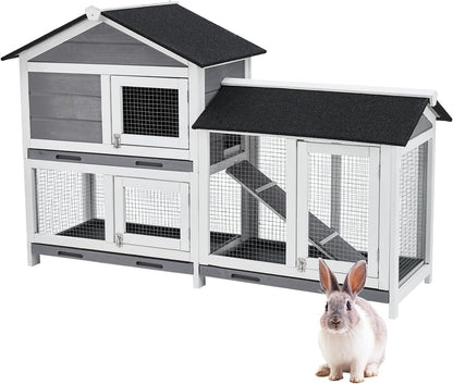 Garvee 58'' Bunny Hutch Indoor Bunny Cage, with 3 Removable Trays | Wooden Waterproof Roof Rabbit Hutch Indoor/Outdoor, 2-Tier Bunny House/Chicken Coop, Gray and Black2