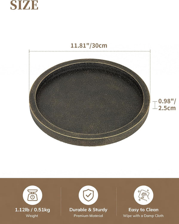 round Decorative Tray for Coffee Table Decor, Vintage Brass Finish | 11.8" Small Circle Wood Candle Holder Plate for Rustic Farmhouse Living Room, Kitchen Centerpiece, Entryway5