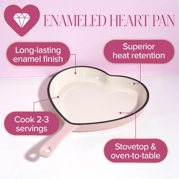 Enameled Cast Iron Heart Skillet Pan, Superior Heat Retention, Oven Safe, Long-Lasting Enamel, 10-Inch, Pink2