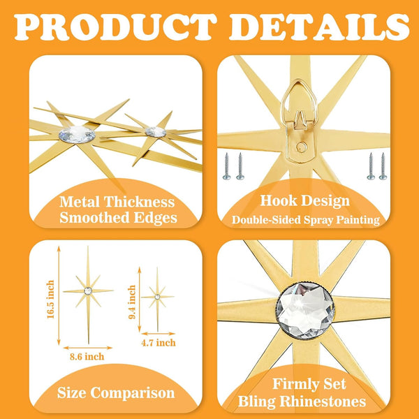 4 Pcs Star Wall Art for Home Decor Living Room Bedroom Office Metal 3D,Bling,With Hanging Hook Starburst Midcentury Sculpture Retro Gallery Accent Celestial -Gold 16.5In/9.4In4