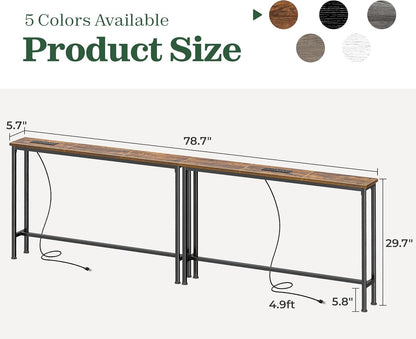 78.8 Inch Narrow behind Couch Table with 2 Charging Stations | 2 AC Outlets with USB-C Ports, Extra Storage behind Sofa, Sofa Table Console Table for Entryway Living Room, Rustic Brown3