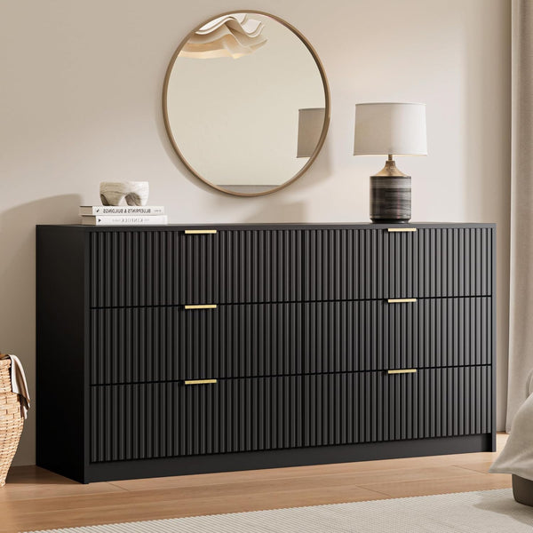 Black 6 Drawer Dresser for Bedroom, 55" Wide Modern Chest of Drawers with Gold Metal Handles, Fluted Wood TV Stand for Living Room, Hallway3