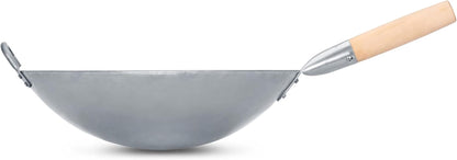 Traditional Hand Hammered Chinese Carbon Steel Wok with Wooden and Steel Helper Handle (14 Inch, round Bottom Pow Wok Pan) / 731W888