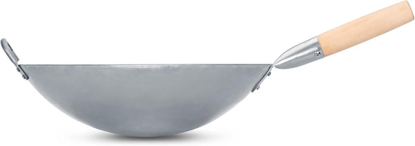 Traditional Hand Hammered Chinese Carbon Steel Wok with Wooden and Steel Helper Handle (14 Inch, round Bottom Pow Wok Pan) / 731W888