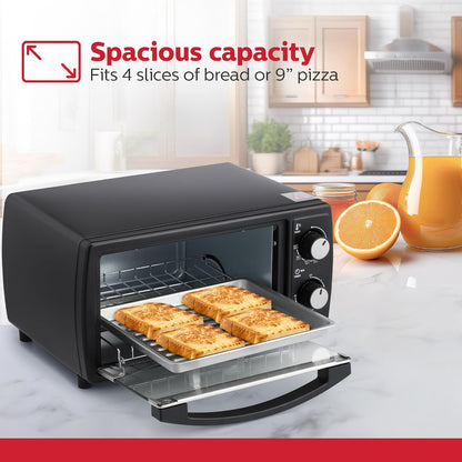4 Slice Countertop Toaster Oven with 60 Minute Timer Includes Pan and Wire Rack, Perfect for Baking, Broiling, and Toasting Compact Design in Sleek Black for Convenient Kitchen Use2