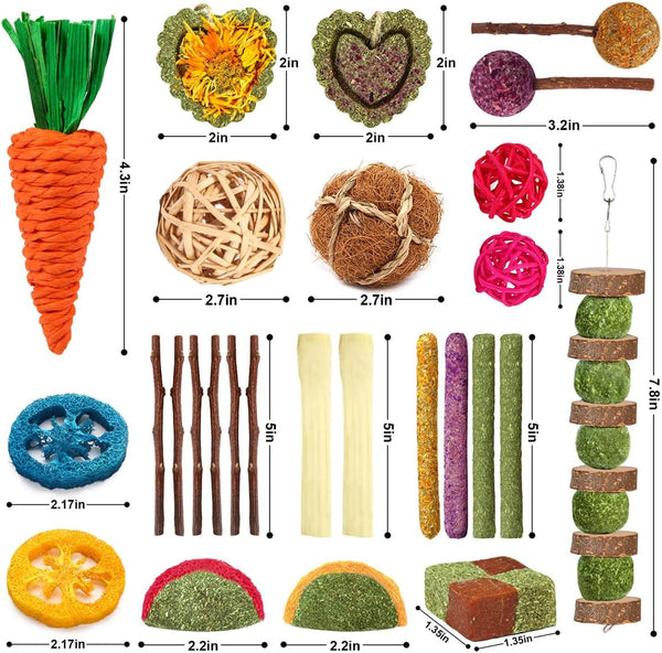 YIXUND Rabbit & Guinea Pig Toys - Natural Timothy Hay & Apple Wood Sticks for Teeth Care - Handmade for Hamster, Bunny, Chinchilla (27 Pcs)6