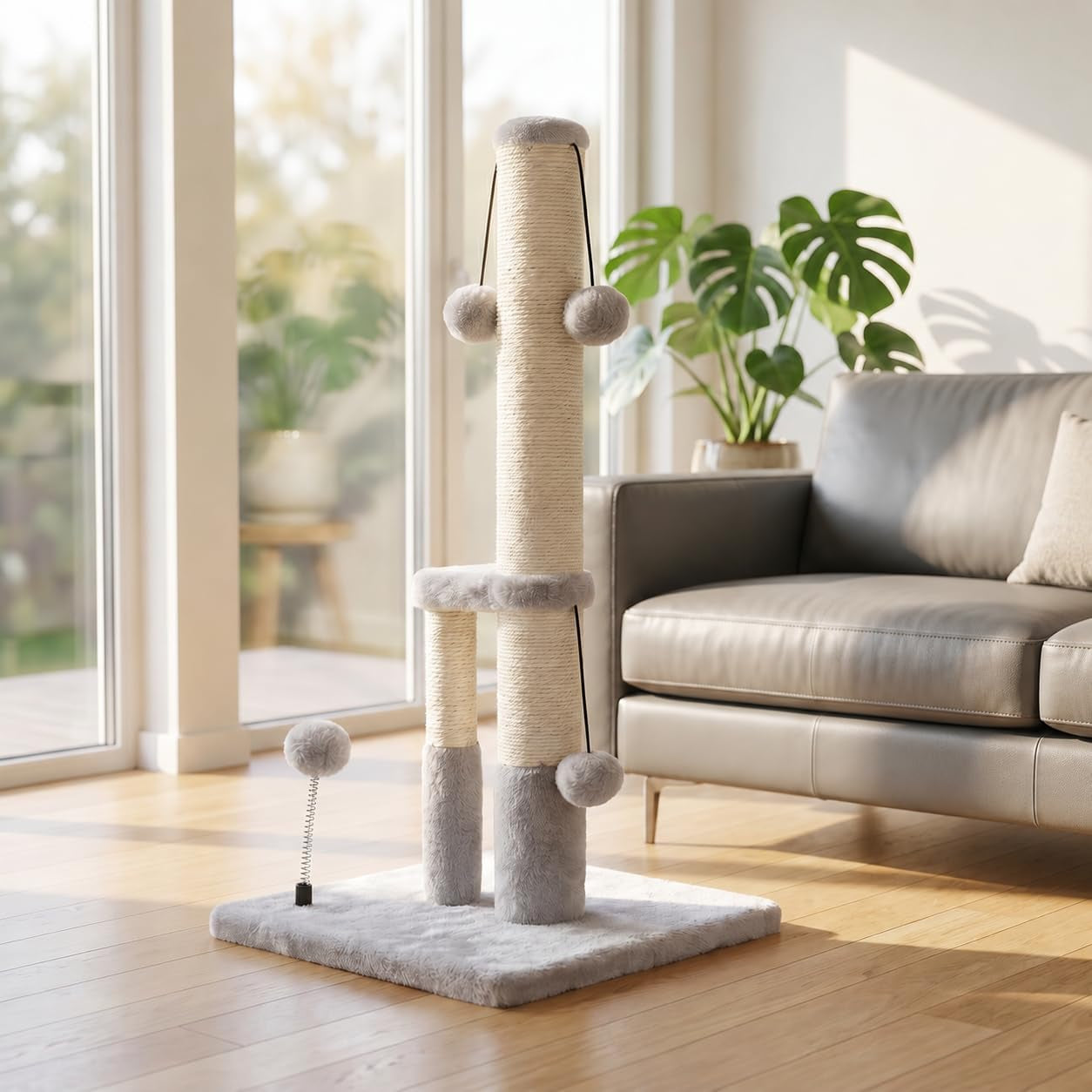 dimaka-tall-cat-scratching-post-double-lower-posts-extra-stable-cat-post-tree-scratcher-with-sisal-rope-and-teasing-4-balls-total-large-base-grey