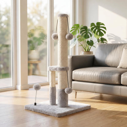 Dimaka Tall Cat Scratching Post, Double Lower Posts Extra Stable Cat Post Tree Scratcher with Sisal Rope and Teasing 4 Balls Total Large Base (Grey)6