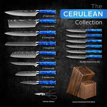 SENKEN 16-Piece Knife Block Set - Japanese High Carbon Stainless Steel with Damascus Pattern, Blue Resin Handles, 6 Steak Knives & Acacia Hardwood Block (Blue)2