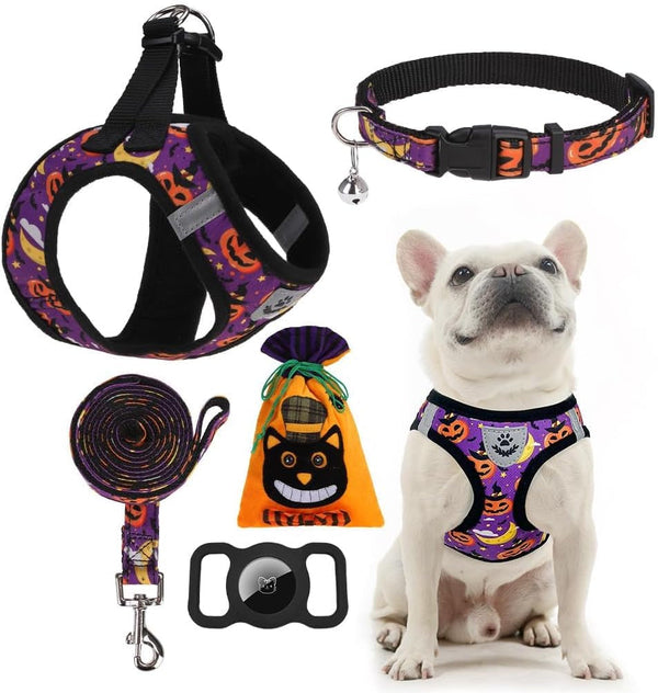 EXPAWLORER Plaid Small Dog Harness and Leash Set with Airtag Holder - No Pull Soft Padded Step in Dog Vest Harness Medium Sized Dog, Reflective Puppy Harness, Collar and Leash for Walking, Khaki S34