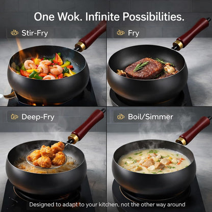 2026 NEW Uncoated Thick Iron Pot with Lid, Japanese Cast Iron Pan, Multifunctional Non-Stick Cast Irons Wok for Cooker Gas Stir Fry Pans (With Wooden Lid, 8 In)6