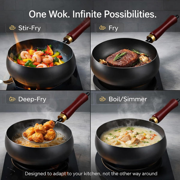 2026 NEW Uncoated Thick Iron Pot with Lid, Japanese Cast Iron Pan, Multifunctional Non-Stick Cast Irons Wok for Cooker Gas Stir Fry Pans (With Wooden Lid, 8 In)6