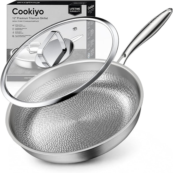 12" Titanium Pans for Cooking with Lid Hammered Chef-Grade Skillet | Pfoa-Free, Non-Stick, Chef-Grade,Tri-Ply Multi-Clad Skillet Scratch Resistant,Dishwasher, Oven & Induction Safe1
