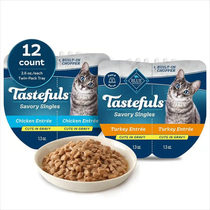 Blue Buffalo Tastefuls Savory Singles Variety Pack, Wet Cat Food in Gravy, 2.6-Oz. Twin-Pack Trays, Chicken & Turkey Entreé (12 Count)1