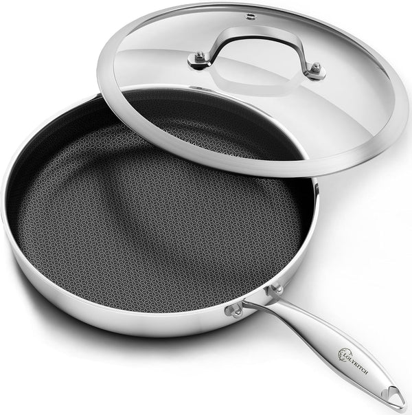 12 Inch Hybrid Nonstick Frying Pan with Glass Lid | PFOA Free | Stainless Steel Skillet | Non-Toxic | Stay-Cool Detachable Handle | Dishwasher and Oven Safe | Induction Ready1