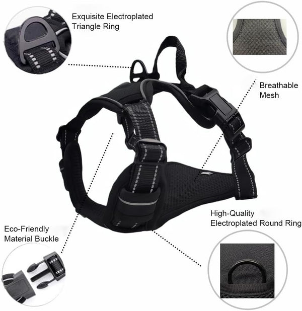 No Pull Dog Harness, Adjustable Pet Vest with Front/Back Leash Clips, Reflective Comfortable Vest Harness for Large Dogs, Easy Control Handle for Walking-Black L4