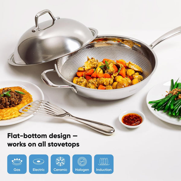 Honeycomb 3Ply Stainless Steel Wok Pan 11 Inch/28Cm with Lid Flat Bottom - Coating-Free Non-Stick Stir Fry Pan - Advanced, Scratch-Resistant Design with Stay-Cool Long Handle3