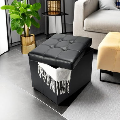 Storage Ottoman, Folding Foot Stool with Thicker Foam Padded Seat Small Leather Storage Ottoman Bench Foot Rest for Living Room Foldable Coffee Table 17X13X13In,Black | Ottoman with Storage, Thicker Foam Padded Seat, Living Room, Dorm, Bedroom, Load 440 Lbs,Easy to Install, 17X13X13In4