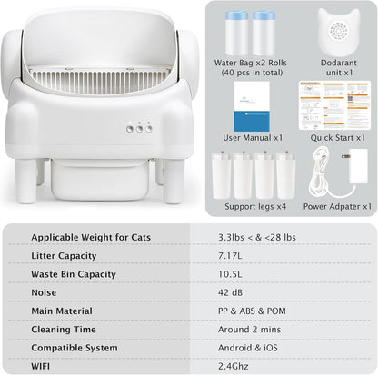 PARUUNTYS Self Cleaning Litter Box,Open Top Automatic Litter Box with App Control for Multiple Cats, Safety Sensors Protection, Odor Control Includes 2 Roll Liners,Large Waste Bin, Cream White8