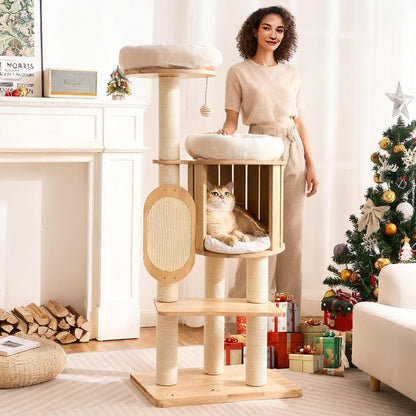 50" Modern Cat Tree for Indoor Cats Small to Medium, Solid Wood Cat Tower with Sisal Scratching Posts, Cat Scratcher Cardboard, Cozy Cat Beds & Hidden Cat Condo, Multi-Level Cat Furniture9