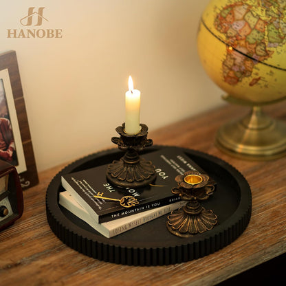 Black Decorative Coffee Table Tray, Scalloped Edge | 12" round Wood Centerpiece Tray, Ideal for Living Room, Entryway Table, Kitchen Island, Fits Modern Decor.7