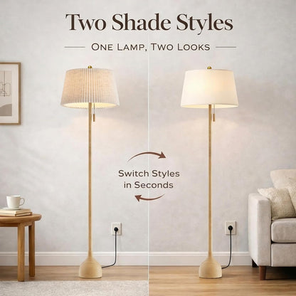 Mid Century Modern Real Wood Floor Lamp with 2 Shades for Two Looks | 65" Tall,Sculptural Teardrop Base,Wooden Pull Chain,Vintage Standing Lamp,Linen Shades,Living Room,Bedroom, Bulb Included5