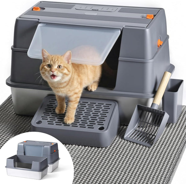 Stainless Steel Litter Box, Extra Large Enclosed Cat Litter Box with Dual Entry, Odor Control Lid & Tool-Free Assembly, Premium Metal Litter Box for Cats, Multi-Cat & Dog-Proof Homes, Grey10