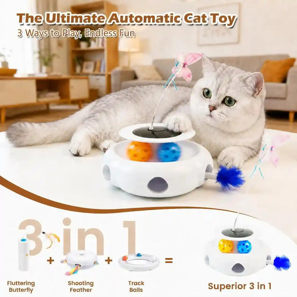 3-In-1 Interactive Cat Toy with Remote Control, Butterfly Wand & Automatic Retractable Feathers & Rolling Ball Track, Multi-Functional Cat Toy for Indoor Cats, Suitable for Bored Kitten, White3