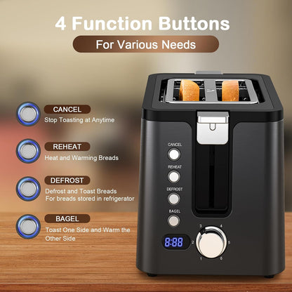 Toaster 2 Slice Stainless Steel Body, Timer, Bagel, Defrost, Reheat, Cancel Functions, Warming Rack, Removable Tray, 6 Browning Settings, Extra Wide Slots, Bread Toaster, 120V 800W Black5