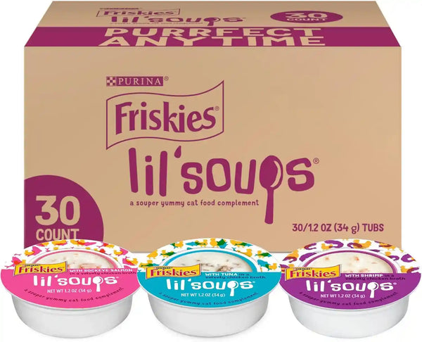 Friskies Purina Grain Free Wet Cat Food Lickable Cat Treats Variety Pack, Lil' Soups with Salmon, Tuna or Shrimp - (Pack of 30) 1.2 Oz. Cups1