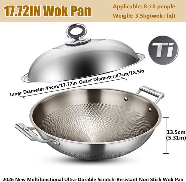 17.72 Inch Hammered Titanium Wok Double Handle with Lid Nonstick(With Lid 1 | Durable Scratch Resistant Uniform Heat Wok Designed for Stir Fry Cooking on All Types of Kitchen Stovetops2