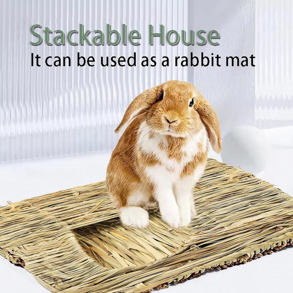 WUWEOT 2 Pack Large Grass Bunny House, Foldable Rabbit Hut, Play Hideaway Bed Hay Mat Chew Toy for Rabbit, Guinea Pigs, Gerbils, Hamster and Small Animals, 11"X8"X8"4